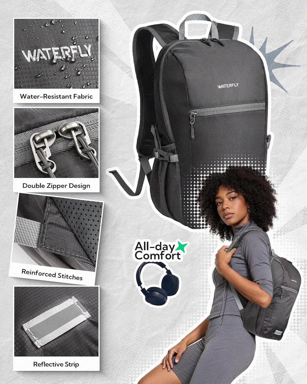 WATERFLY Small Packable Hiking Backpack: 10L Ultra-Light Daypack for Women