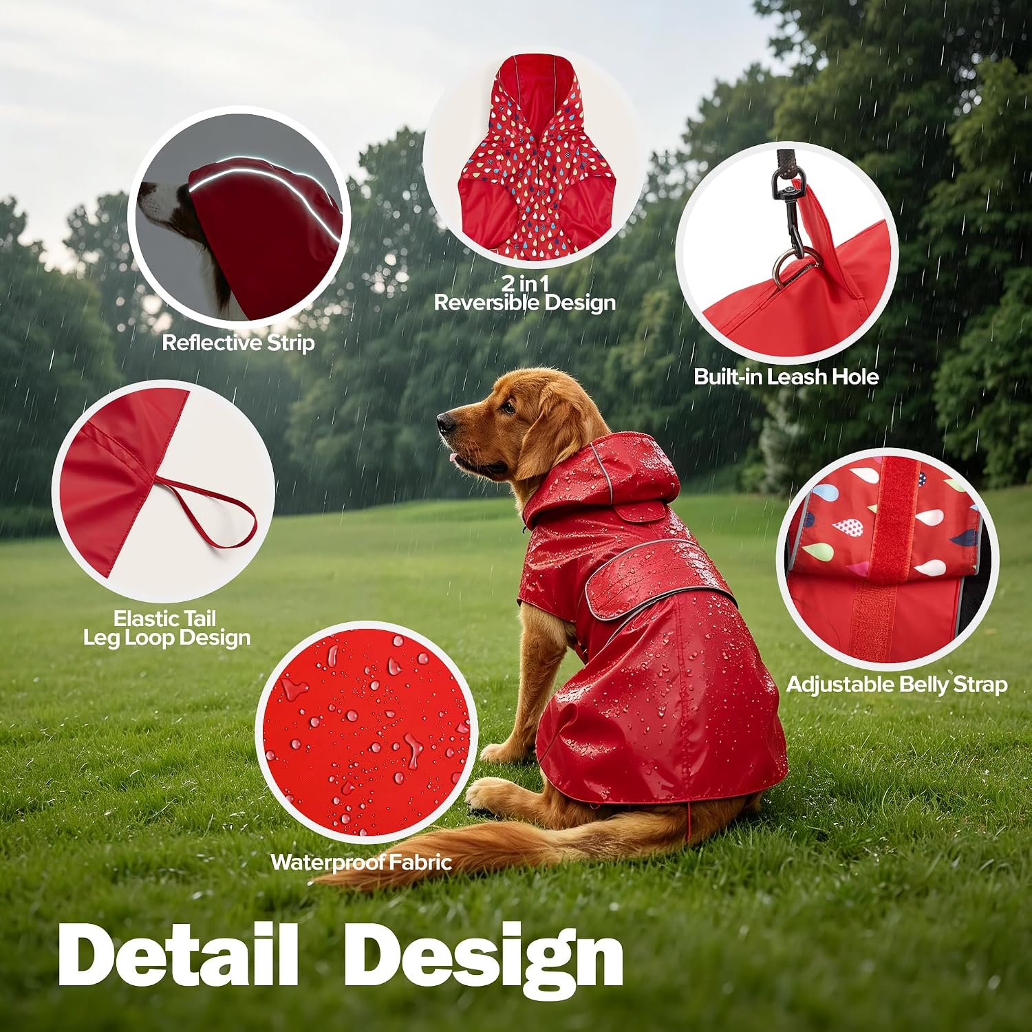 Kimee Dog Raincoat Reversible Dog Rain Jacket for Small to 3X-Large Dogs, M