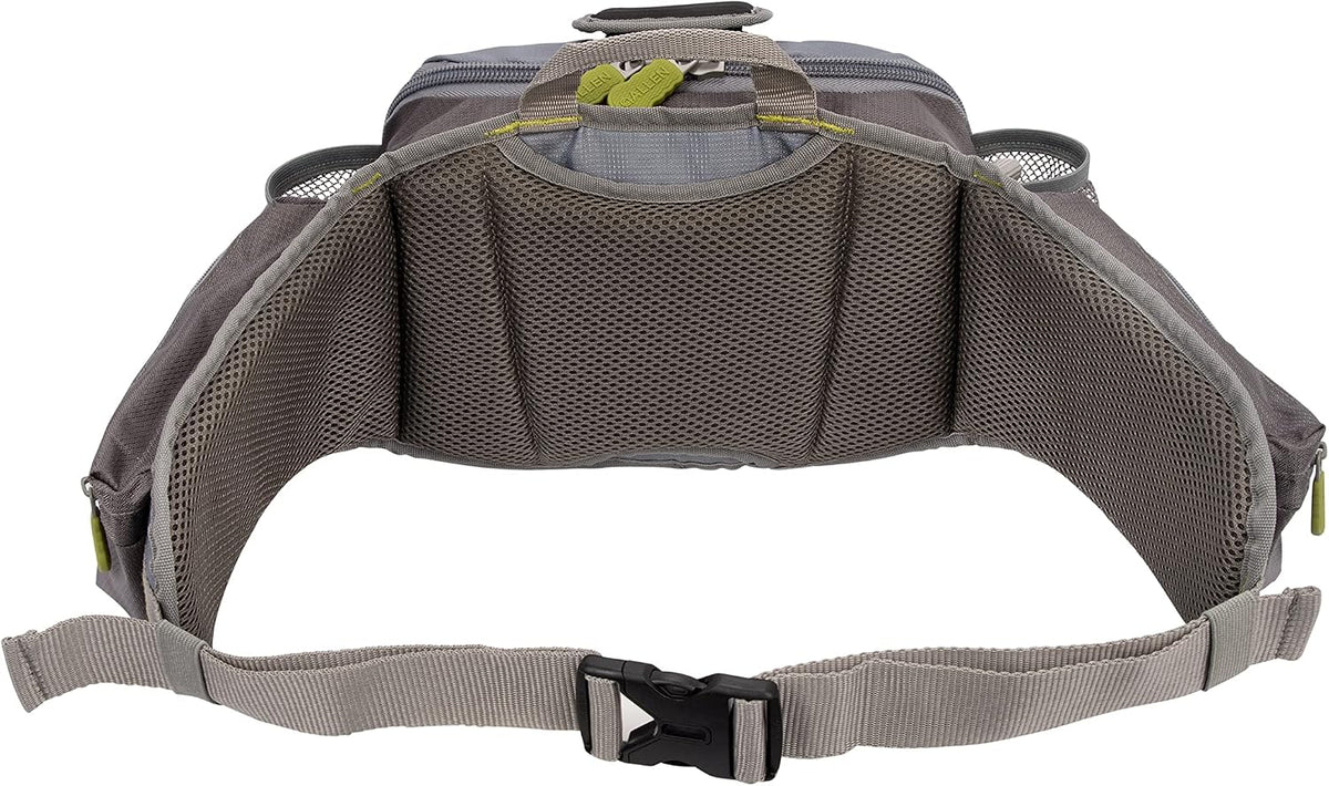 Allen Company Eagle River Lumbar Fly Fishing Pack - Holds 6 Fly Boxes, Zip‑Down Workstation, Waist Bottle Pockets, Durable Outdoor Waist Pack - Gray/Lime and Olive Green