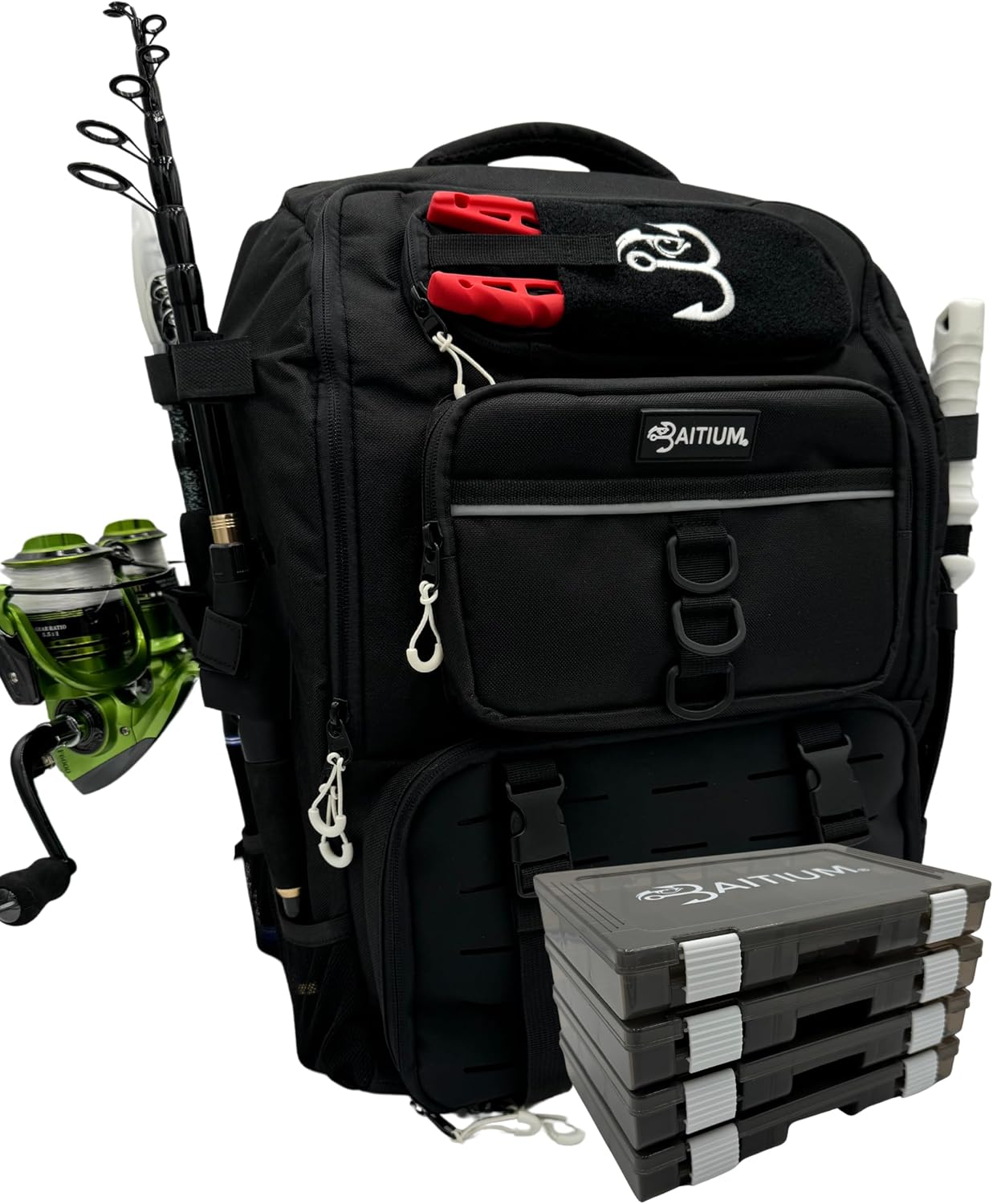 Baitium Fishing Backpack, Tackle Bag With Rod Holders, 40L Capacity With Cooler, Rain Cover, Insulated Pocket, 4 Tackle Trays Included - (Grey)