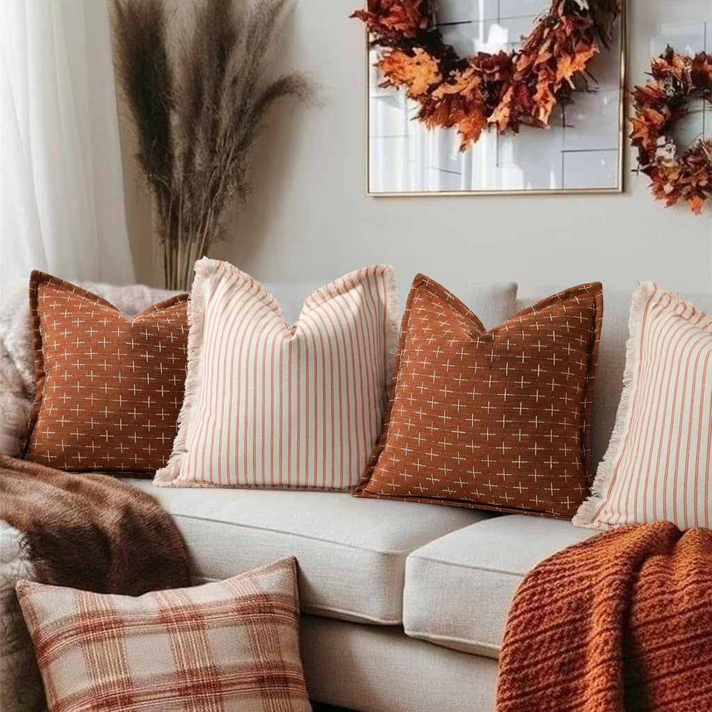 ZWJD Fall Pillow Covers 18x18 Set of 2 Soft Polyester Textured Rust Pillow Covers with Stylish Flange Edge Cozy Farmhouse Throw Pillows for Couch Bed Sofa Living Room Fall Decor