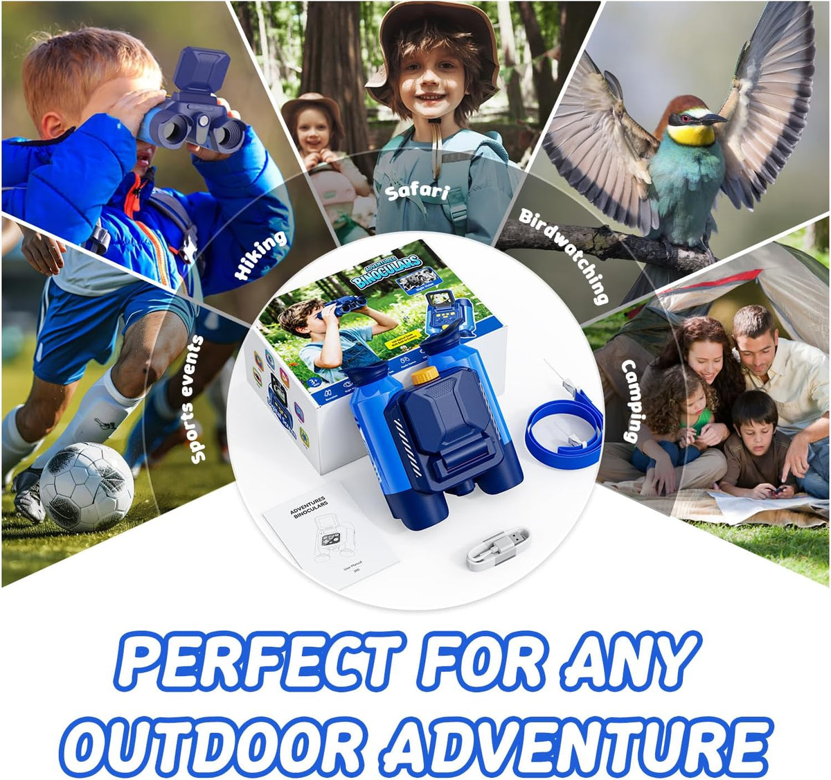 Binoculars for Kids with Night Vision, 2.4" HD Screen & 10X Zoom for Photo and Video - Outdoor Adventure Binoculars Bird Watching, Camping, Hiking, Gifts for Kids Ages 4+ (Blue)