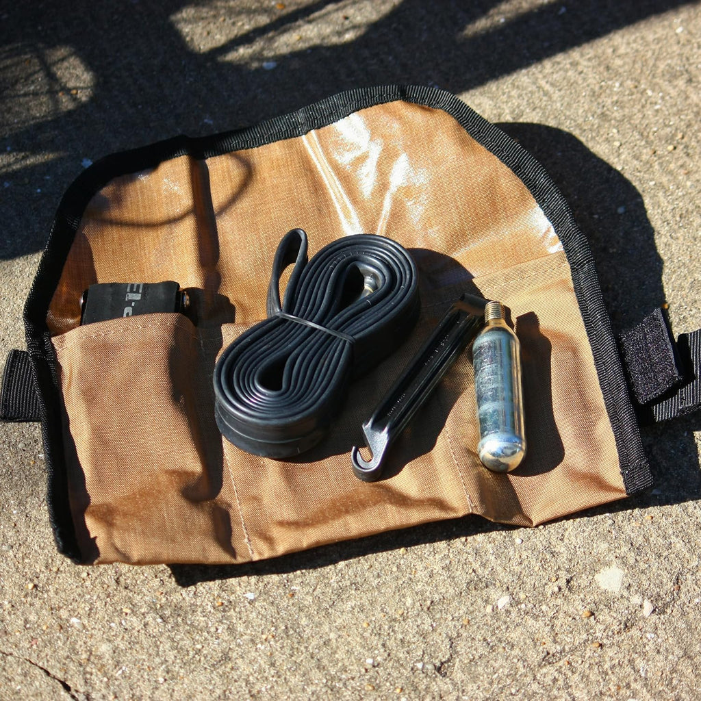 PACK2RIDE Blossom Roll Bike Saddle Bag - Bike Seat Bag with 3 Organization Pockets for Tools - Water Resistant, Durable Cordura Fabric - Road Bike Accessories - Lightweight Bicycle Accessories (Tan)
