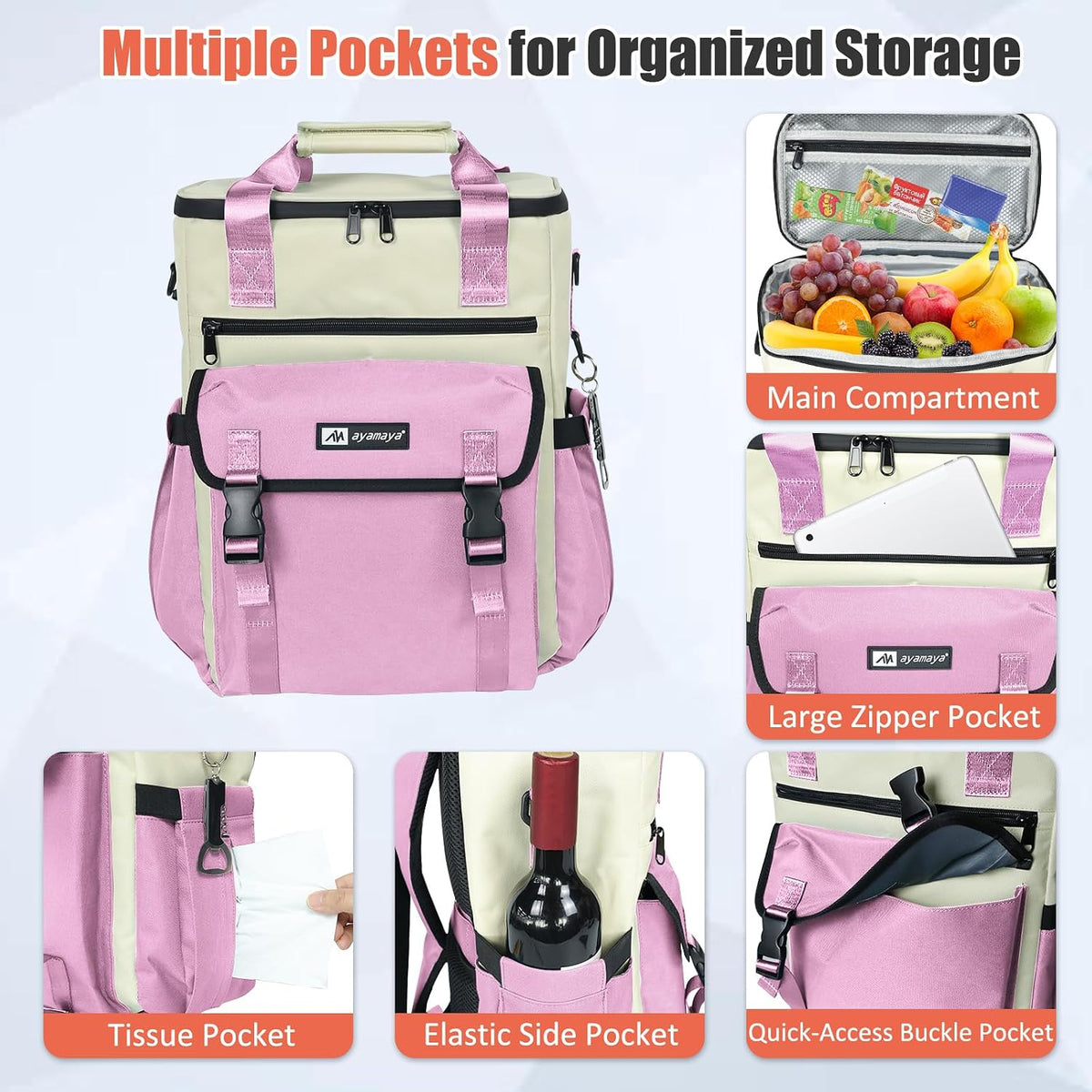 AYAMAYA Backpack Cooler for Women, Stylish 35 Cans Leakproof Camping Cooler
