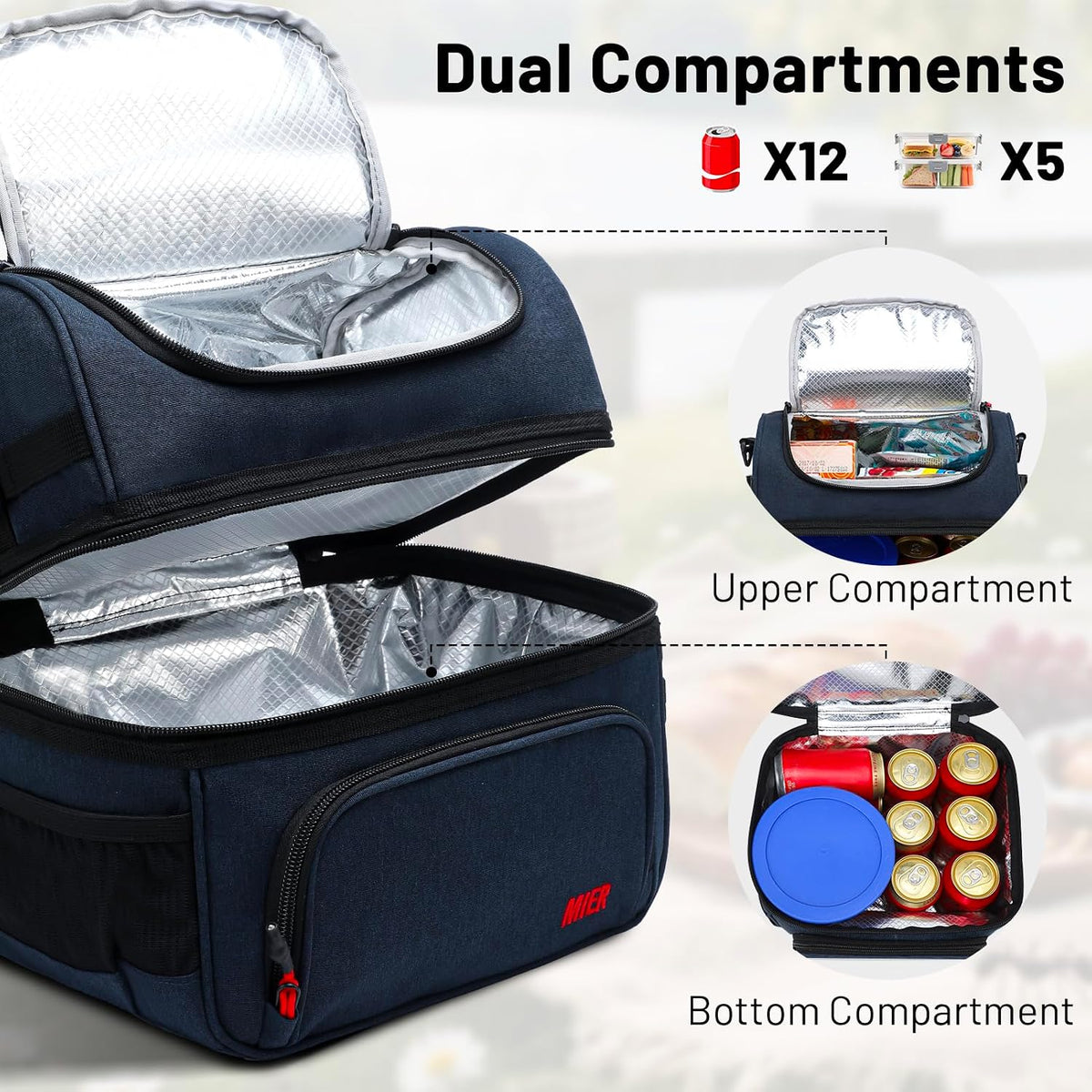 MIER Lunch Box for Men Dual Compartment Adult Lunch Bag for Work, Dark Blue