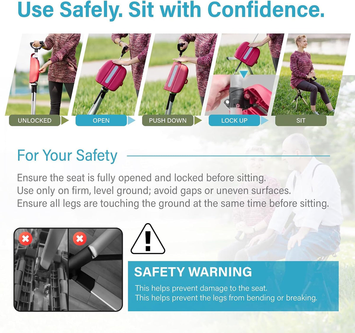 STEP2GOLD Ta-Da Chair Series 2- Portable Walking Stick, Cane with Seat, Foldable Chair, Hiking Stick, for Camping, Hiking, Lightweight Aluminum, Easy Carry, Anti-Slip