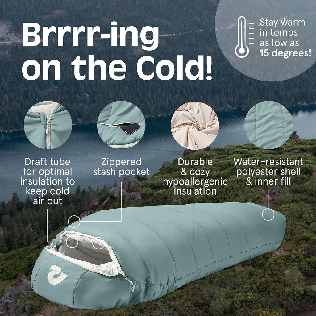 Retrospec Dream Mummy Sleeping Bag - 5, 15, & 30°F Cold Weather Camping & Travel Essential Gear with Water - Resistant Shell & Synthetic Fill - Zippered Pocket & Stuff Sack