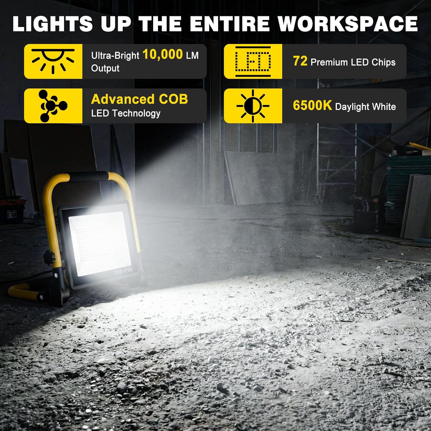 LED Work Light 10000 Lumens, Portable Work Light with Stand, 72 LED COB 6500K, IP66 Waterproof Outdoor Lights, 360° Adjustable Mechanic Light for Garage, Construction, Camping, Shop Lights for Garage