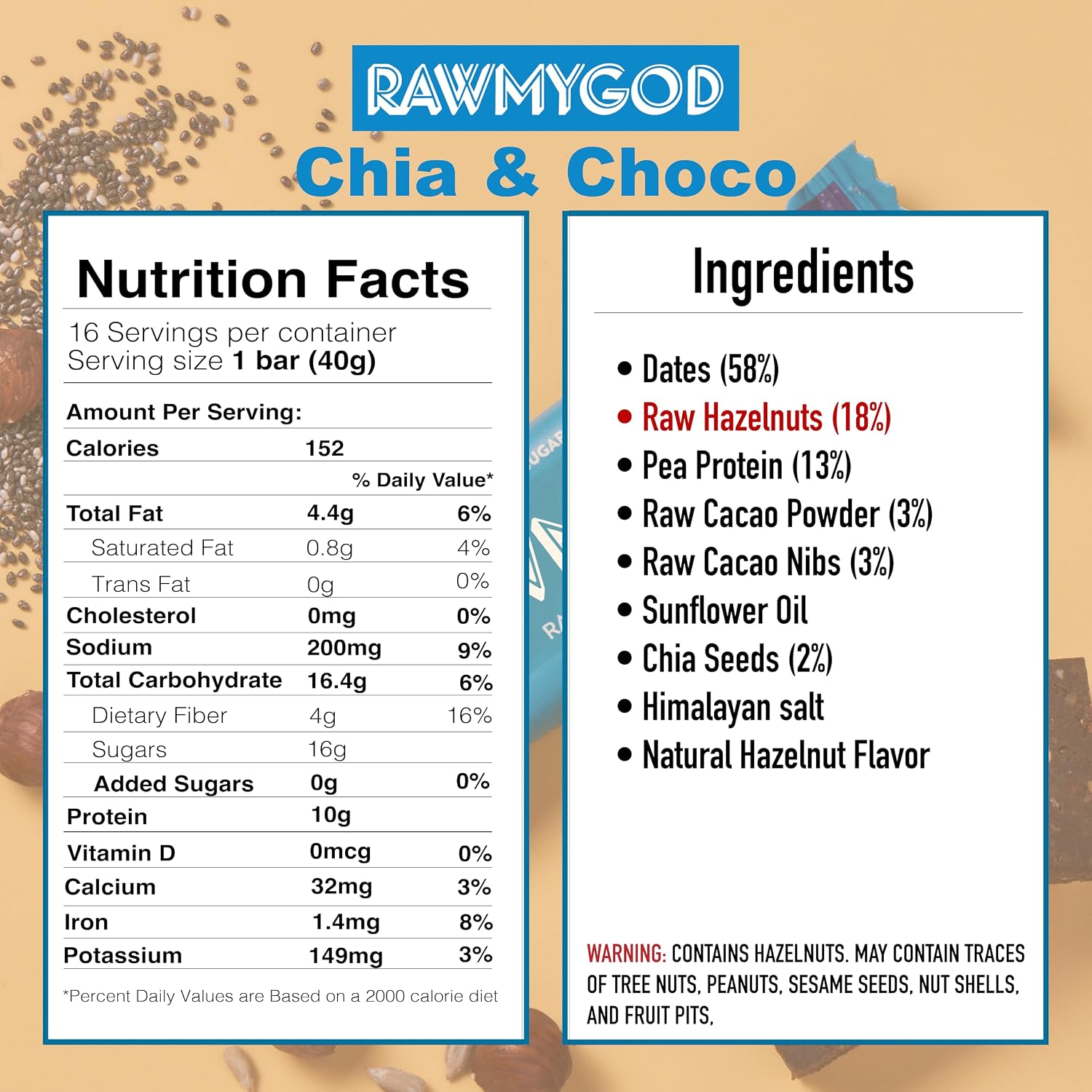 RAWMYGOD Fruit and Nut Bars, Good Source of Protein (10g, 25% protein content), Gluten Free, Vegan, No Added Sugar (16 bars, Chia & Choco)