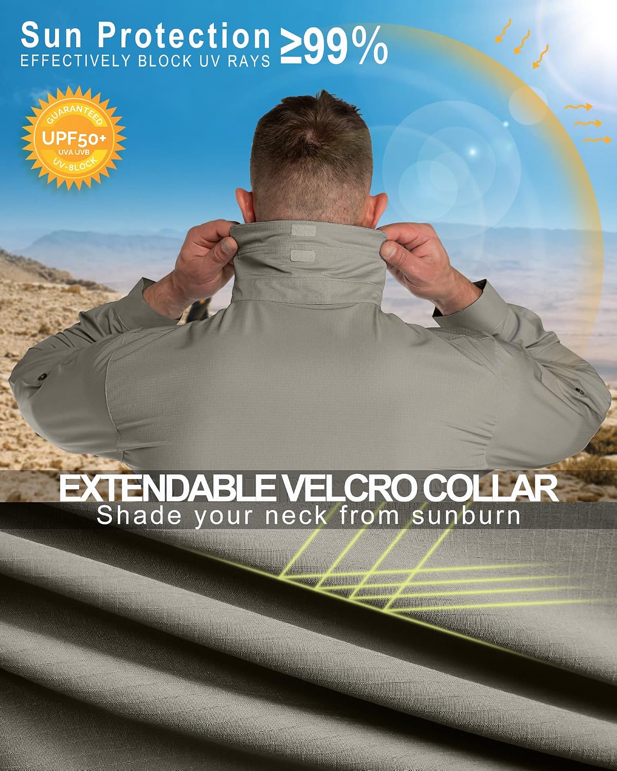 33,000ft Men's UPF 50+ UV Protection Long Sleeve Hiking Shirts Breathable Quick Dry Fishing Shirts for Safari, Outdoor
