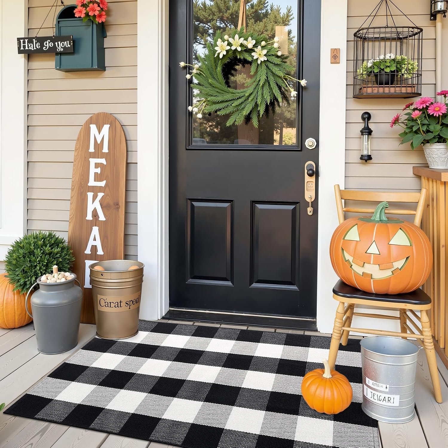 OLANLY Buffalo Plaid Rug 2'4" x 3'7" (27.5" x 43") – Black and White Cotton Checkered Doormat, Washable Indoor Outdoor Rug for Layered Front Porch, Kitchen, Entryway Decor