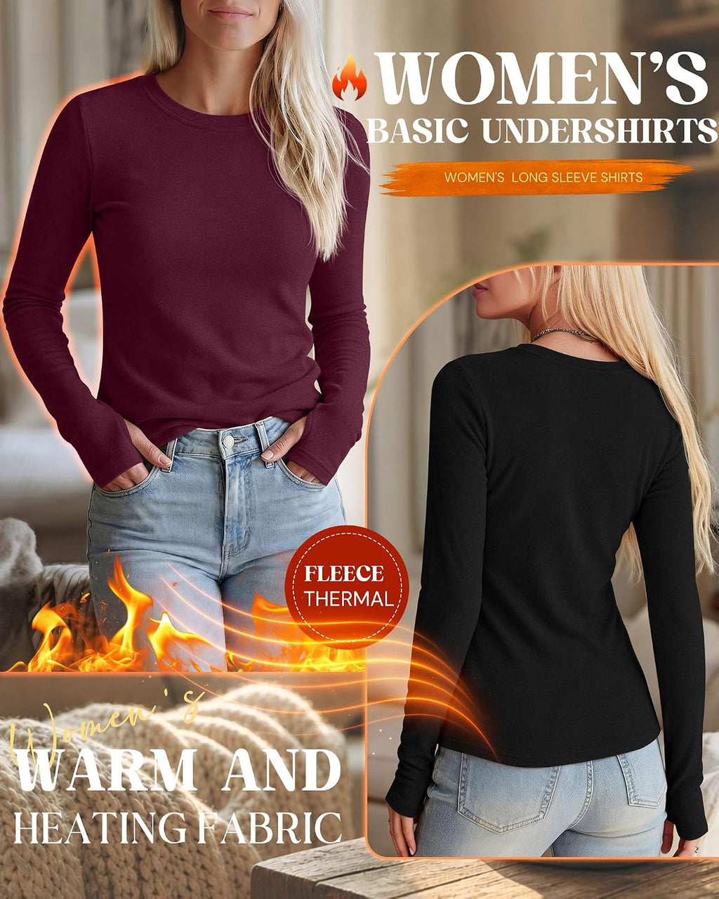 Neer 4 Pack Women's Thermal Fleece Lined Shirts Warm Base Layer