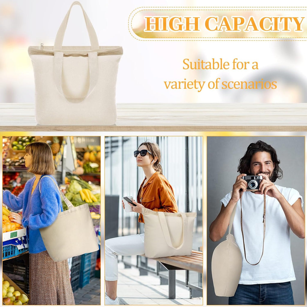 Silkfly 20 Pcs Canvas Tote Bags Bulk 16.5x13.4'' Blank Cotton Canvas Bag with Zipper Handles Reusable Plain Grocery Makeup Handbag for DIY (Beige)