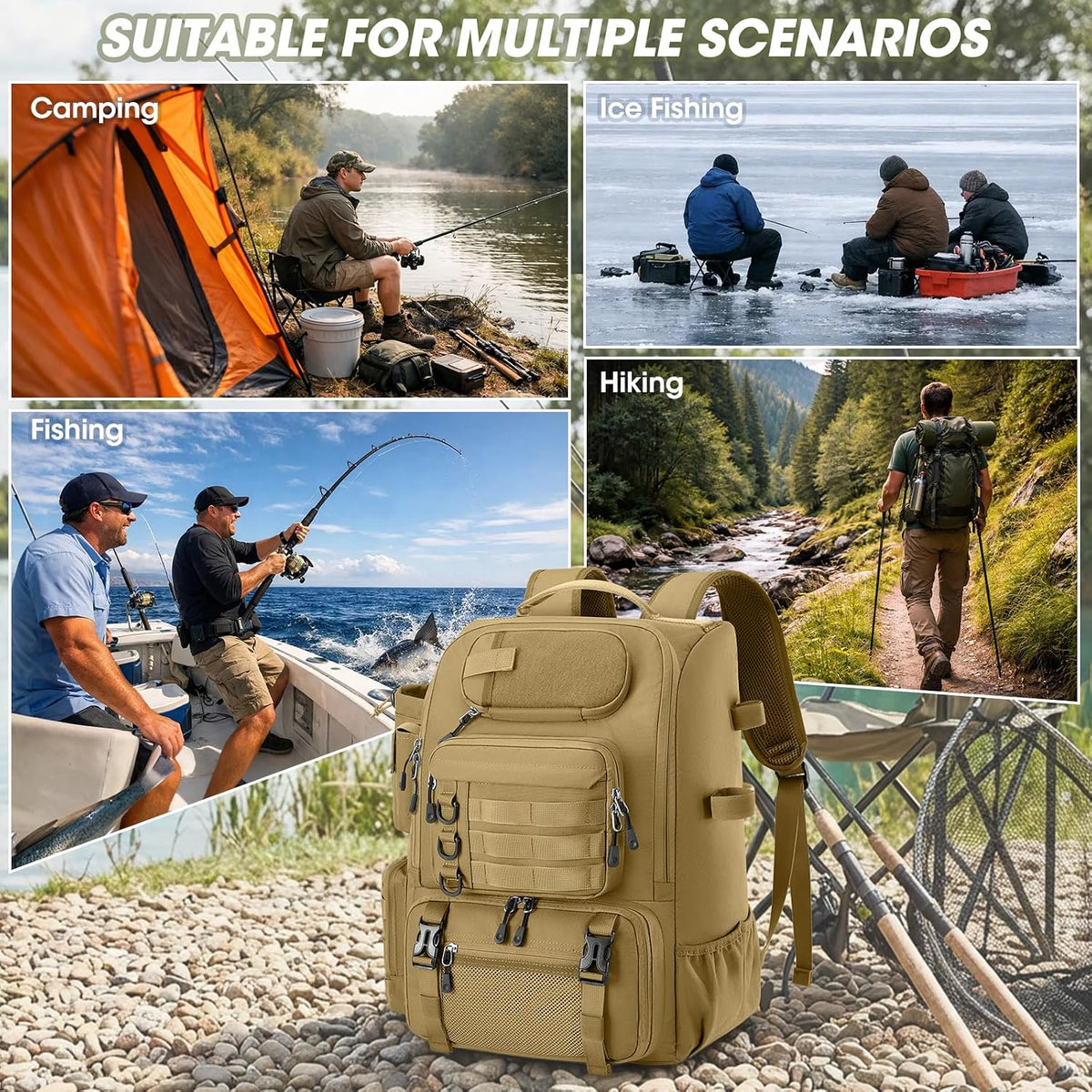 RAINSMORE Fishing Backpack 40L Tackle Backpack with Rod Holders & Cooler