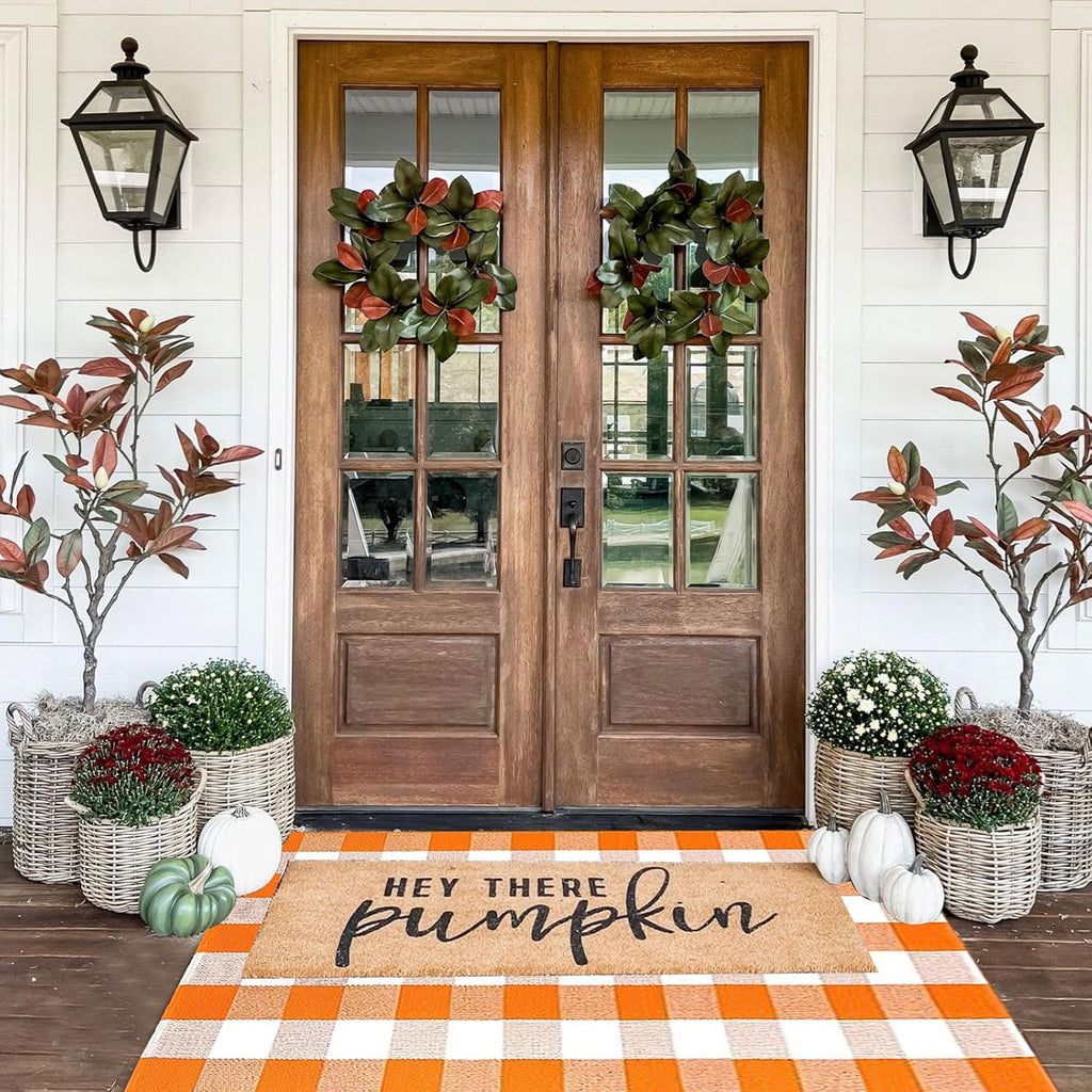 Fall Outdoor Rug Orange Buffalo Plaid Outdoor Rug Cotton Hand-Woven Buffalo Check Rug Layered Doormats for Front Door/Front Porch/Farmhouse/Entryway/Patio(Orange and White Plaid, 3' x 5')