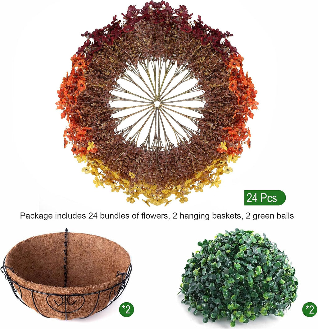 HyeFlora 2 Set Artificial Outdoor Faux Fall Mums Hanging Flowers Plants Basket Outside, 14 Bundles Fake Silk Daisy Fern in Planter UV Resistant for Autumn Porch Balcony Patio Yard Decor, 3 Colors Mix