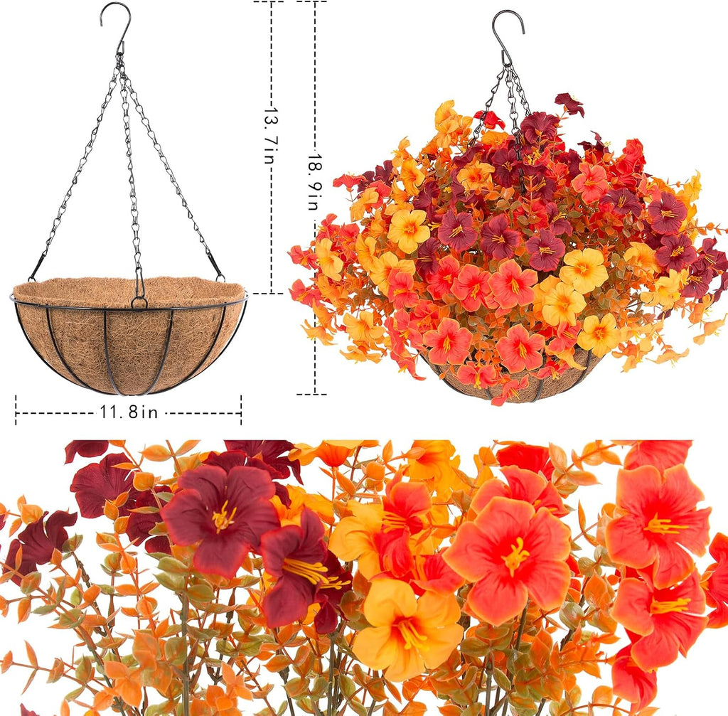 Daynight 2 Set Artificial Outdoor Fall Flowers with Hanging Baskets, 24 Pcs Faux Petunias Flowers with Hanging Planter for Outside Porch Yard Garden Autumn Decor (2, Orange)