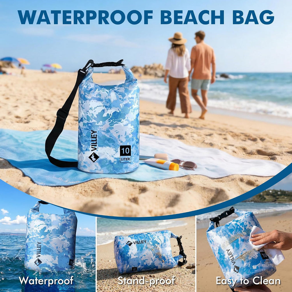 VILLEY Dry Bag Waterproof 20L Roll Top Blue Camo Kayaking Boating Backpack | Keeps Gear Dry, Lightweight Backpack, Kayaking Boating Camping Swimming and Beach Accessories, Blue Camo