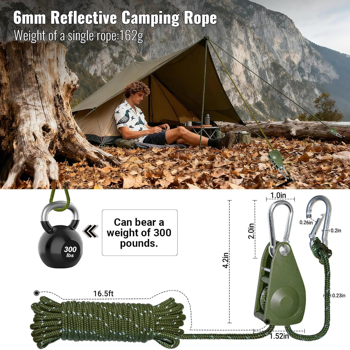 Camping Rope Reflective Tent Rope Guyline with Ratchet Pulley, Tarp Tie Down Ropes for Tent Tarp, Canopy Shelter, Camping, 16.5FT Adjustable Guy Line for Canopy Tent 4Pack Guy Lines Tents Cord