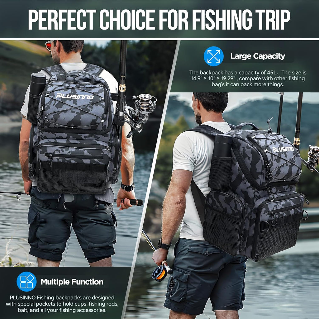 PLUSINNO Cooler Fishing Backpack with Rod Holders 45L Large Water-resistant Fishing Tackle bag Store Fishing Gear Fishing Gifts for Men Father