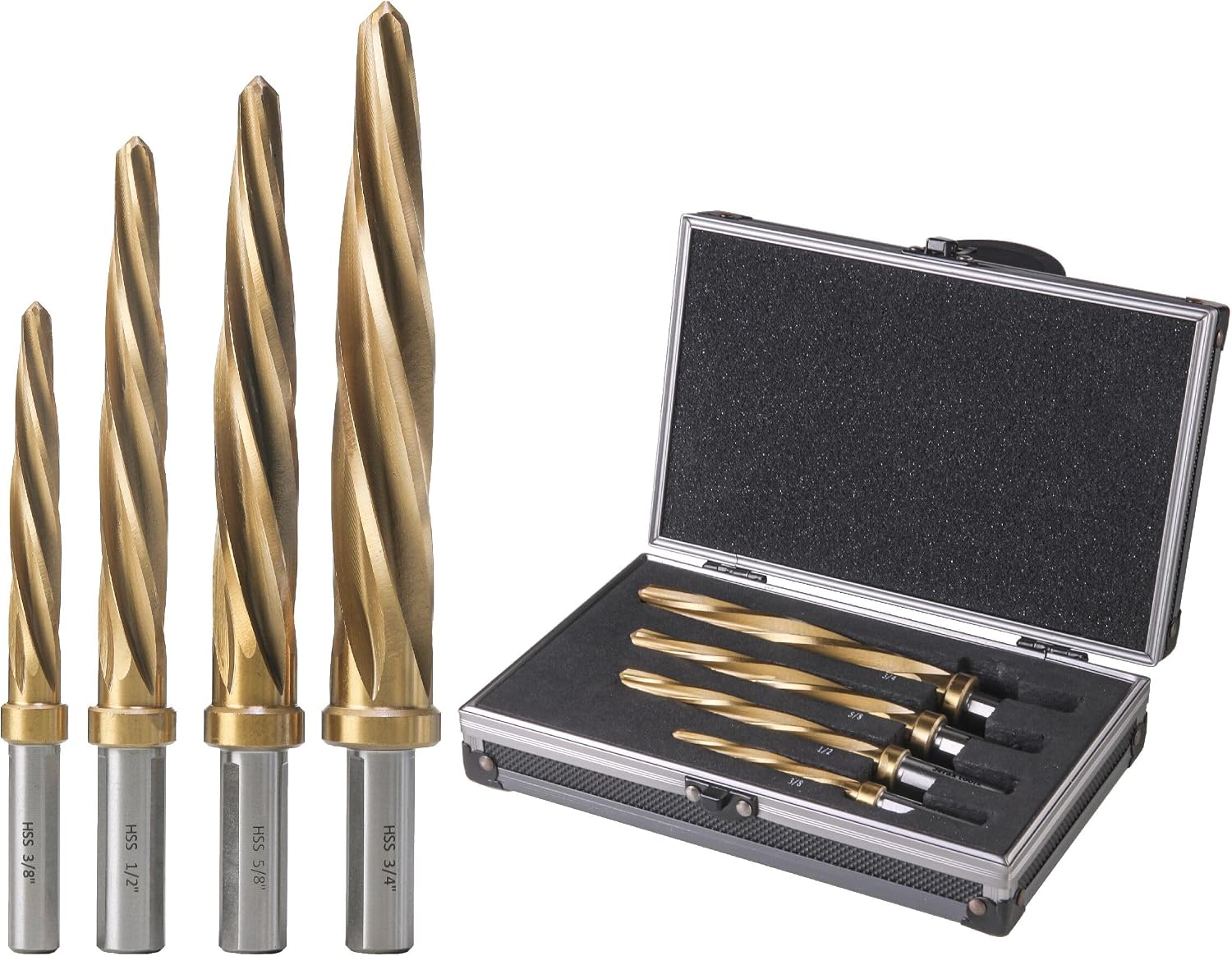 3/8" 1/2" 5/8" 3/4" 4Pcs M2 Chucking Reamer Set to Enlarge