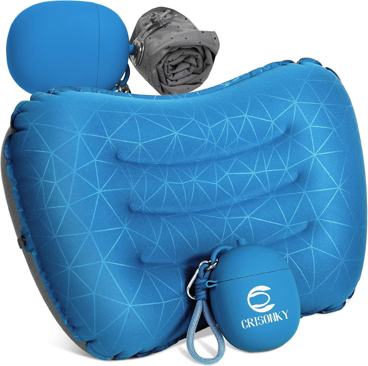 Crisonky Camping Pillow, Inflatable Pillow with 2-in-1 Air Pump Storage Bag