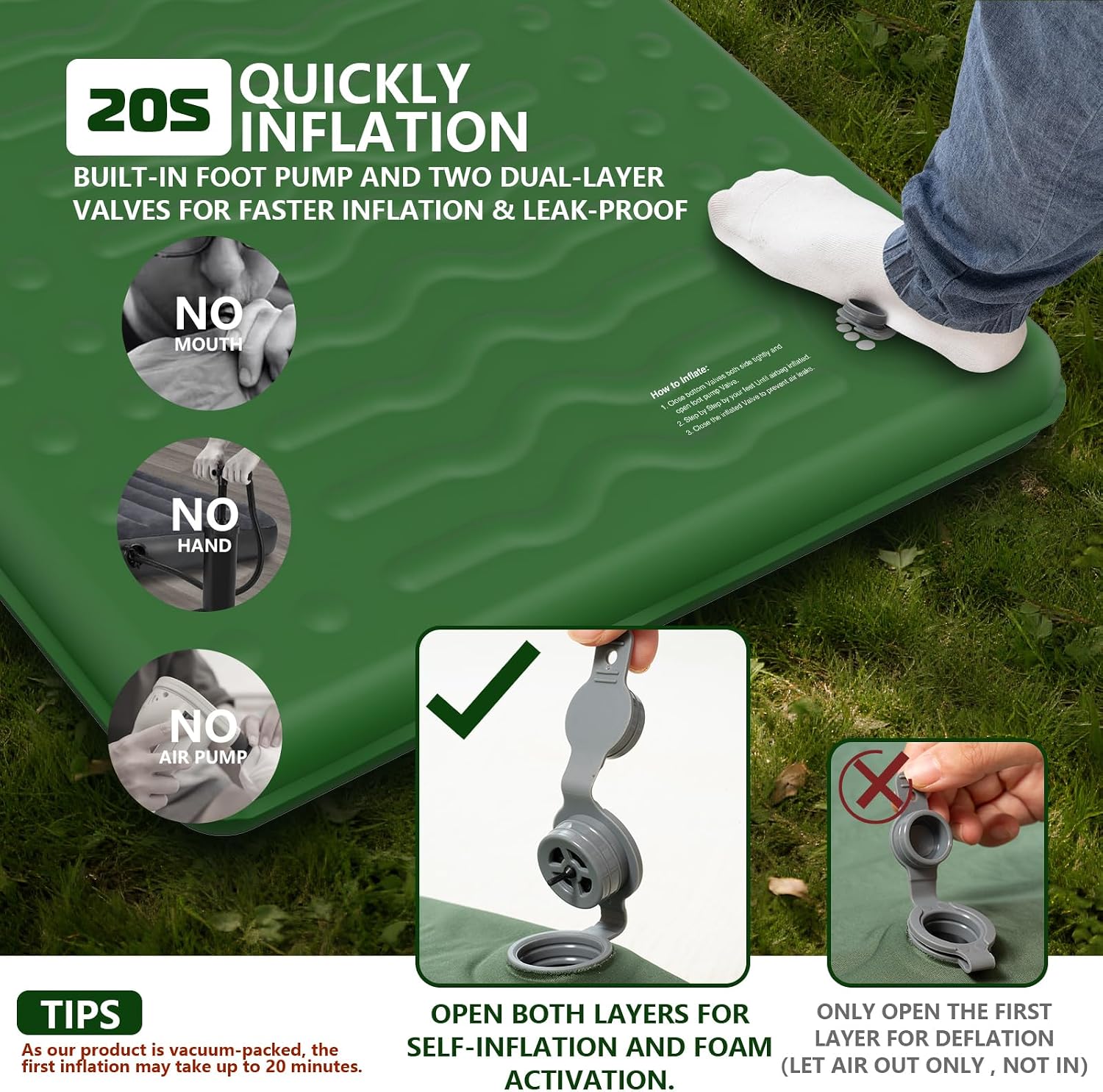 HiiPeak Memory Sleeping Pad, Compact 3" Thick Foam Sleeping Mats with Pillow, 9.5 R-Value Insulated Camping Mattress Pad, Easy Inflate & Deflate, Inflatable Sleep Mat for Backpacking Hiking Car Tent