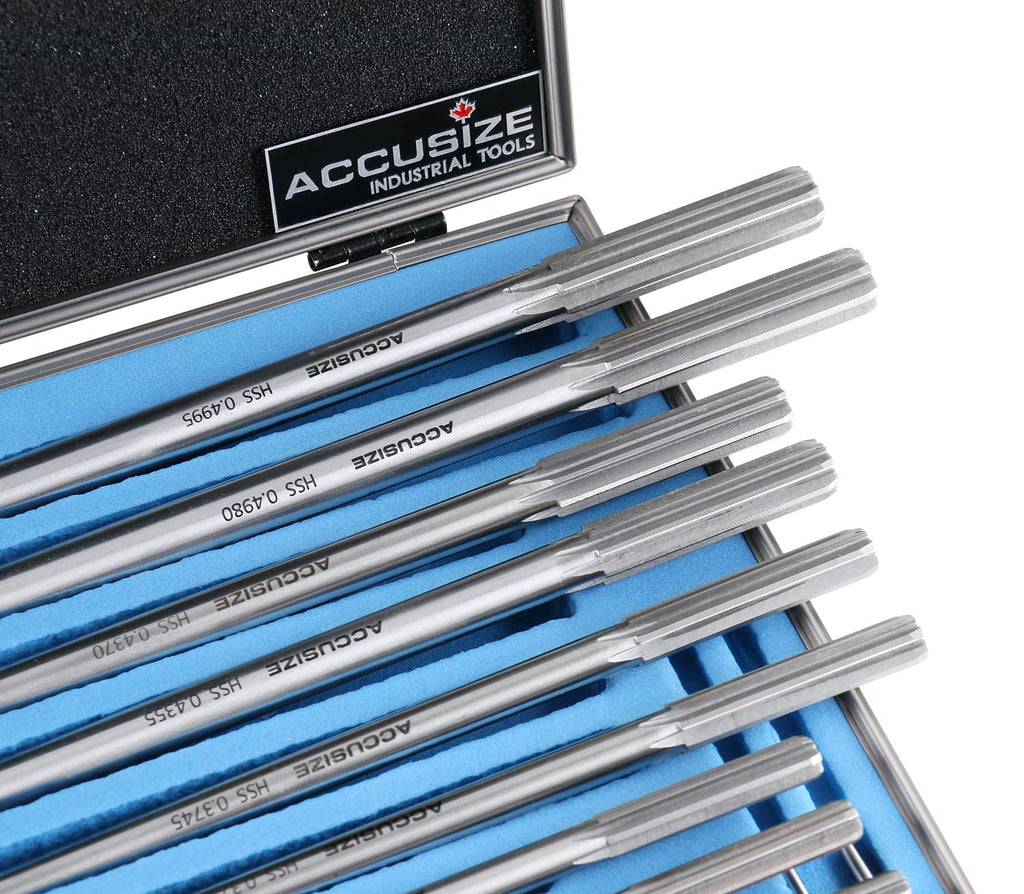 Accusize Industrial Tools Dowel Pin Reamer Size: 0.1230" Thru 0.4995", HSS M2 Premium Chucking Reamer Set, Right Hand Cut, 14 pcs Set, 5528-ST00
