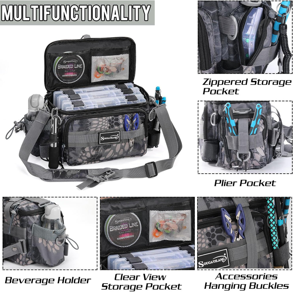 Sougayilang Fishing Tackle Bags with 3600 Tackle Tray - Fishing Tackle Storage Bags for Saltwater or Freshwater Fishing Gear - Padded Shoulder Strap - Tackle Box Bag Fishing Bag(Grey)