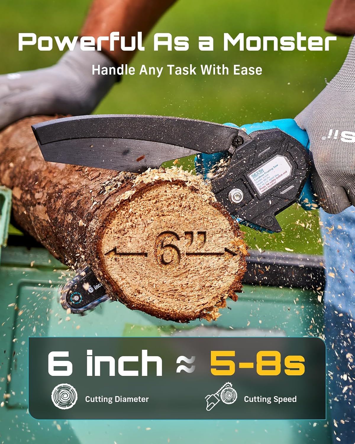 Seesii Mini Chainsaw, 6-inch Mini Chainsaw Cordless, Handheld Electric Power Chain Saw with 2 Batteries, for Tree Trimming Wood Cutting, Best Gifts for Father, Dad, Husband, Men