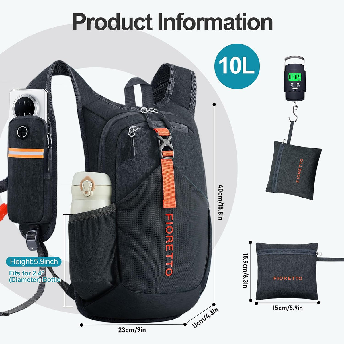 FIORETTO 10L Hiking Backpack for Men Women Lightweight Foldable Small Daypack for Travel Camping Outdoor, Black
