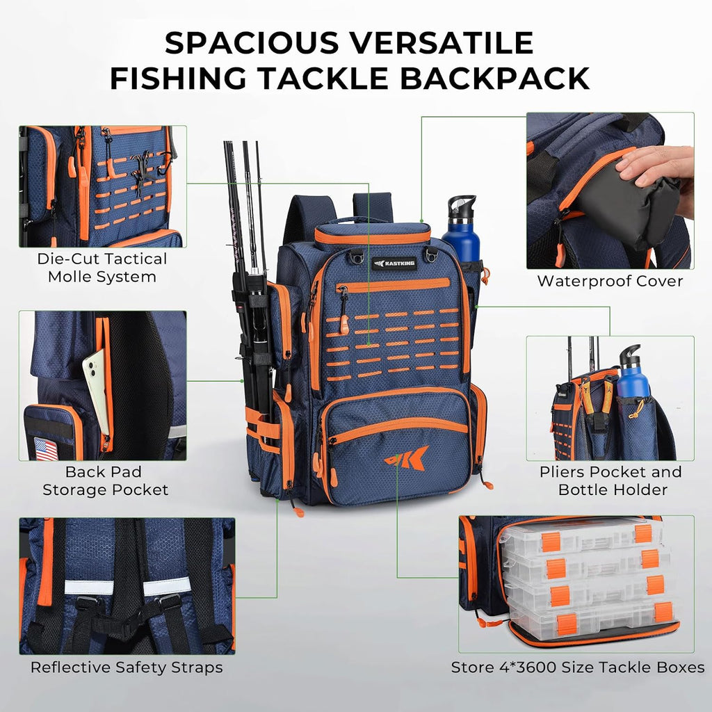 KastKing Bait Boss Fishing Backpack with Rod Holders, 4 Tackle Boxes