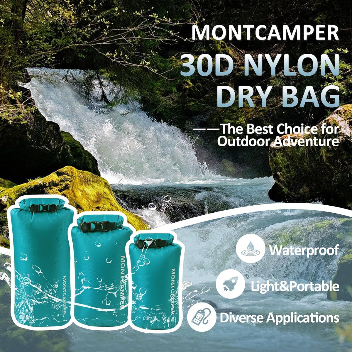 Waterproof Dry Bag Set (5L+10L+20L) – 30D Nylon Roll Top Dry Sacks with PU Coating, Lightweight Storage for Kayaking, Camping, Hiking, Fishing & Beach (Turquoise Blue)