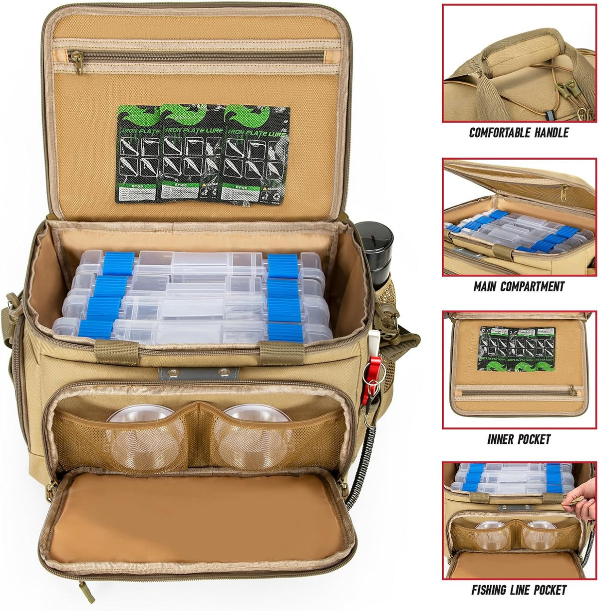 Fishing Tackle Bag, Equipped With 4 Tackle Boxes and Detachable Reel Storage Pouch, Waterproof Fishing Gear Organizer, Adjustable Shoulder Strap Fishing Bags for Saltwater & Freshwater