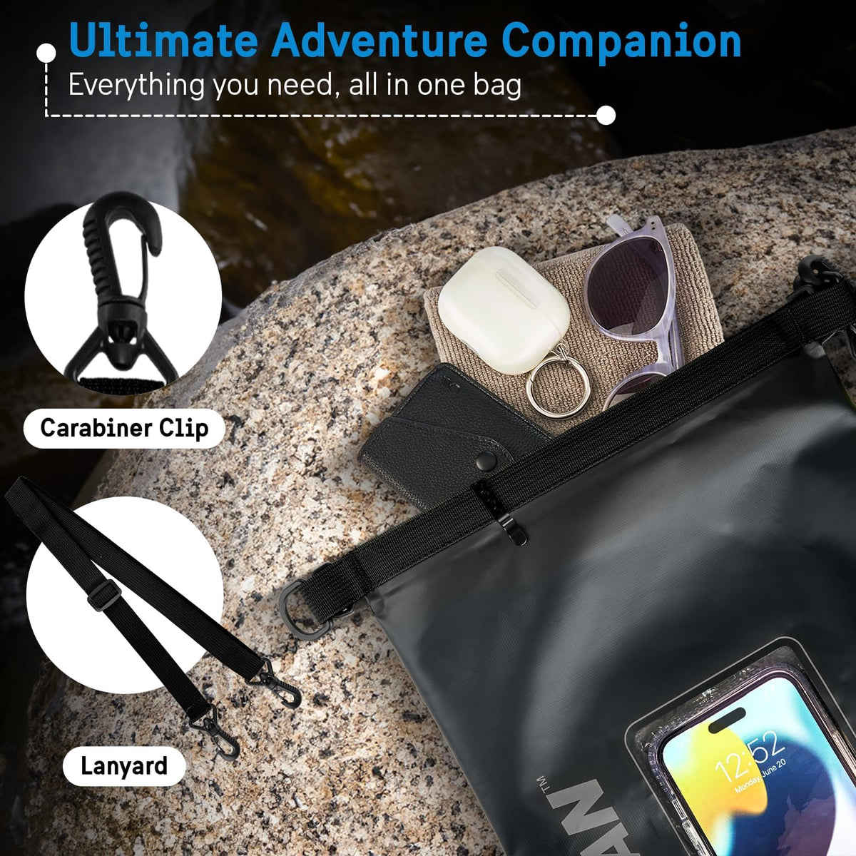 Pelican Marine IP68 Waterproof Dry Bag 5L with Phone Pouch/Case - Black