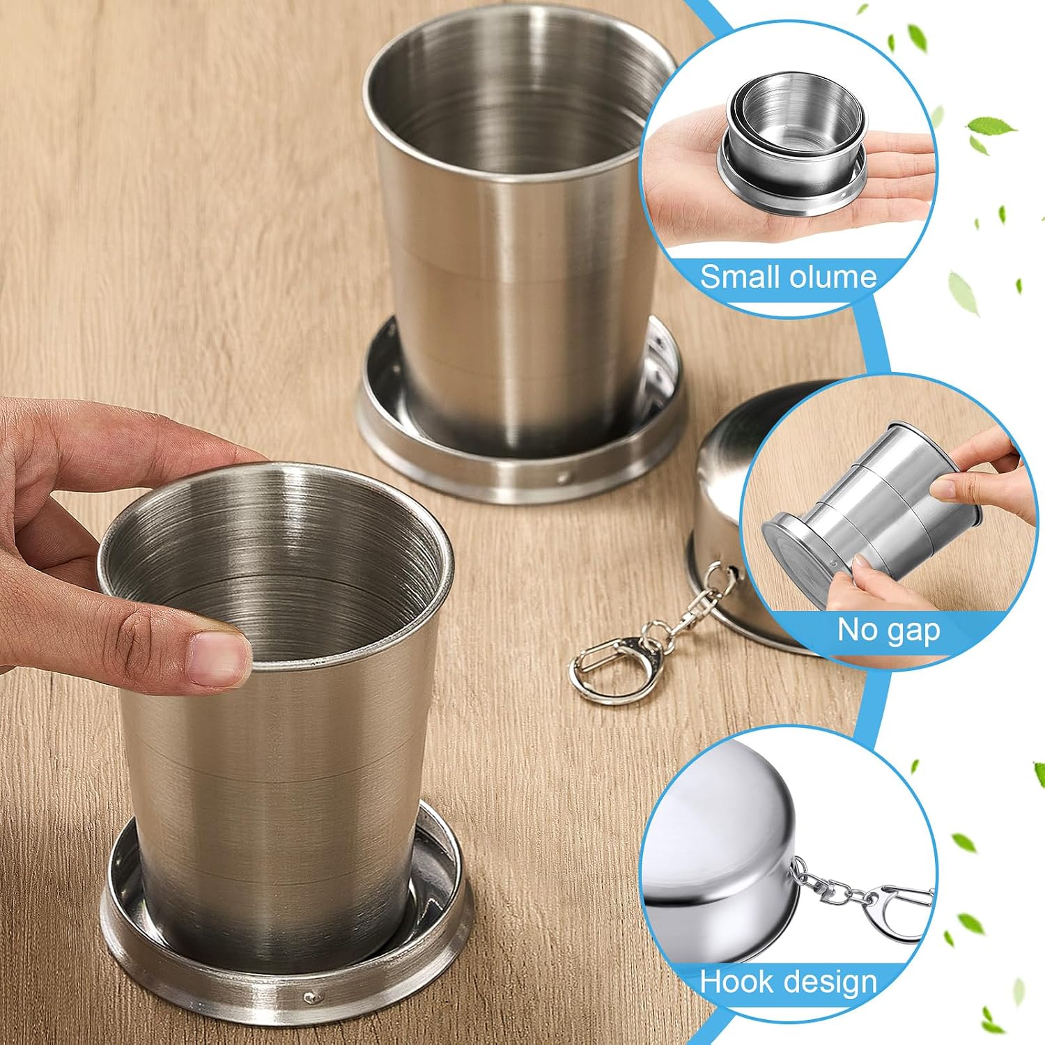 Tessco for you 6 Pieces Collapsible Shot Glasses Stainless Steel Collapsible Cup Reusable Portable Travel Folding Cup with Lid and Keychain for Camping Hiking Cycling(15 oz)
