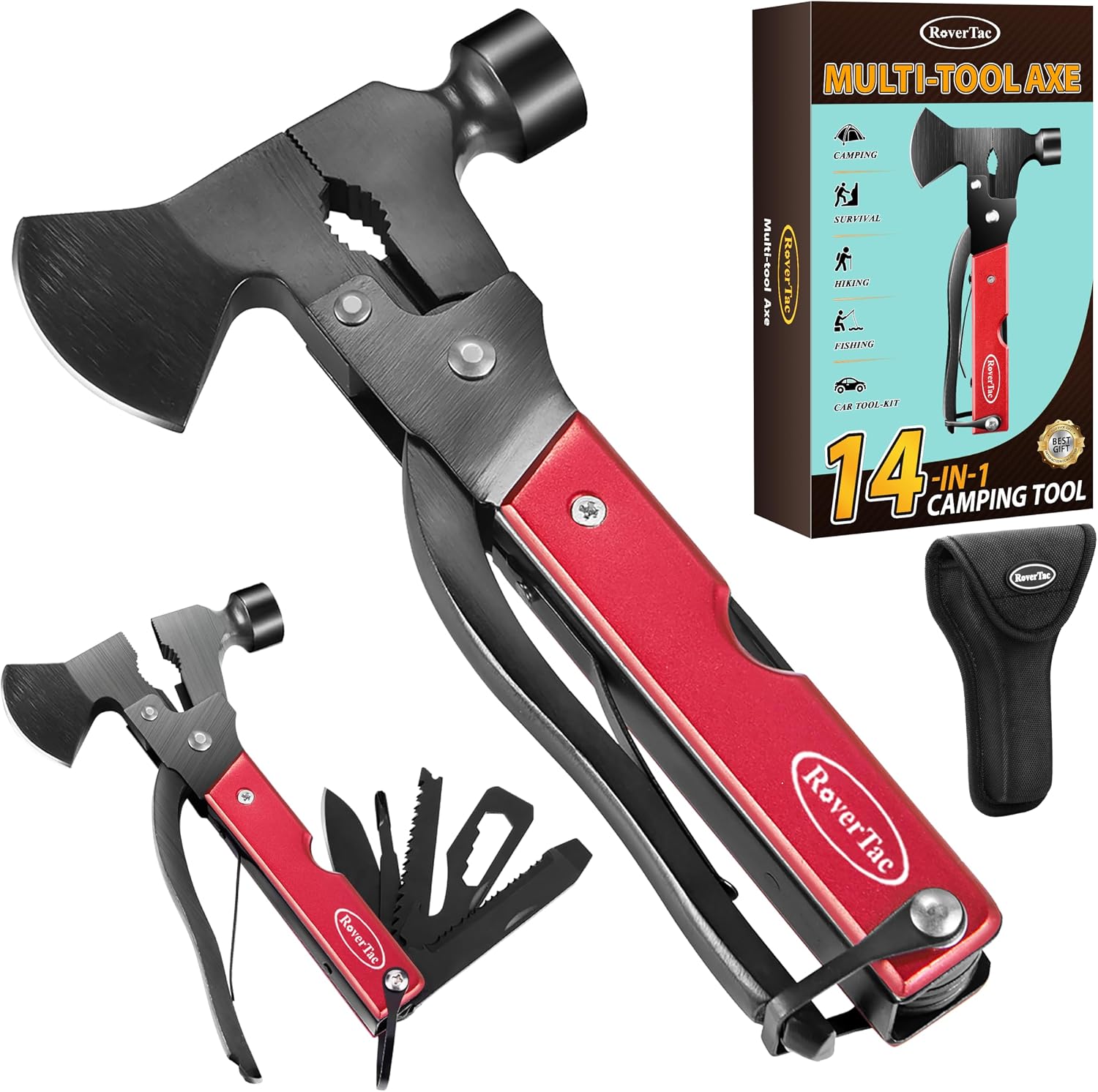 RoverTac 14-in-1 Multitool Camping Axe – Multi Tool with Knife, Hammer, Saw, Screwdrivers, Bottle Opener – Camping Tool with Sheath – Tool Gifts for Men, Dad, Husband, and Outdoor Enthusiasts.