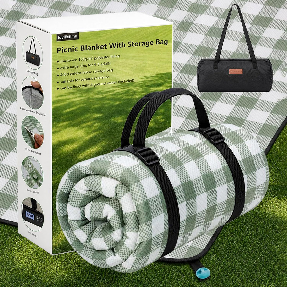 Extra-Thick Padded Large Picnic Blanket with 4 Corner Stakes and Carry Bag