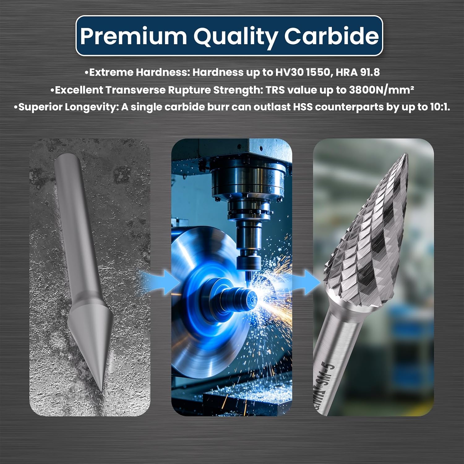 LU&MN SM-5 Tungsten Carbide Burr, 1/2" Head 1/4" Shank, 1 Pc