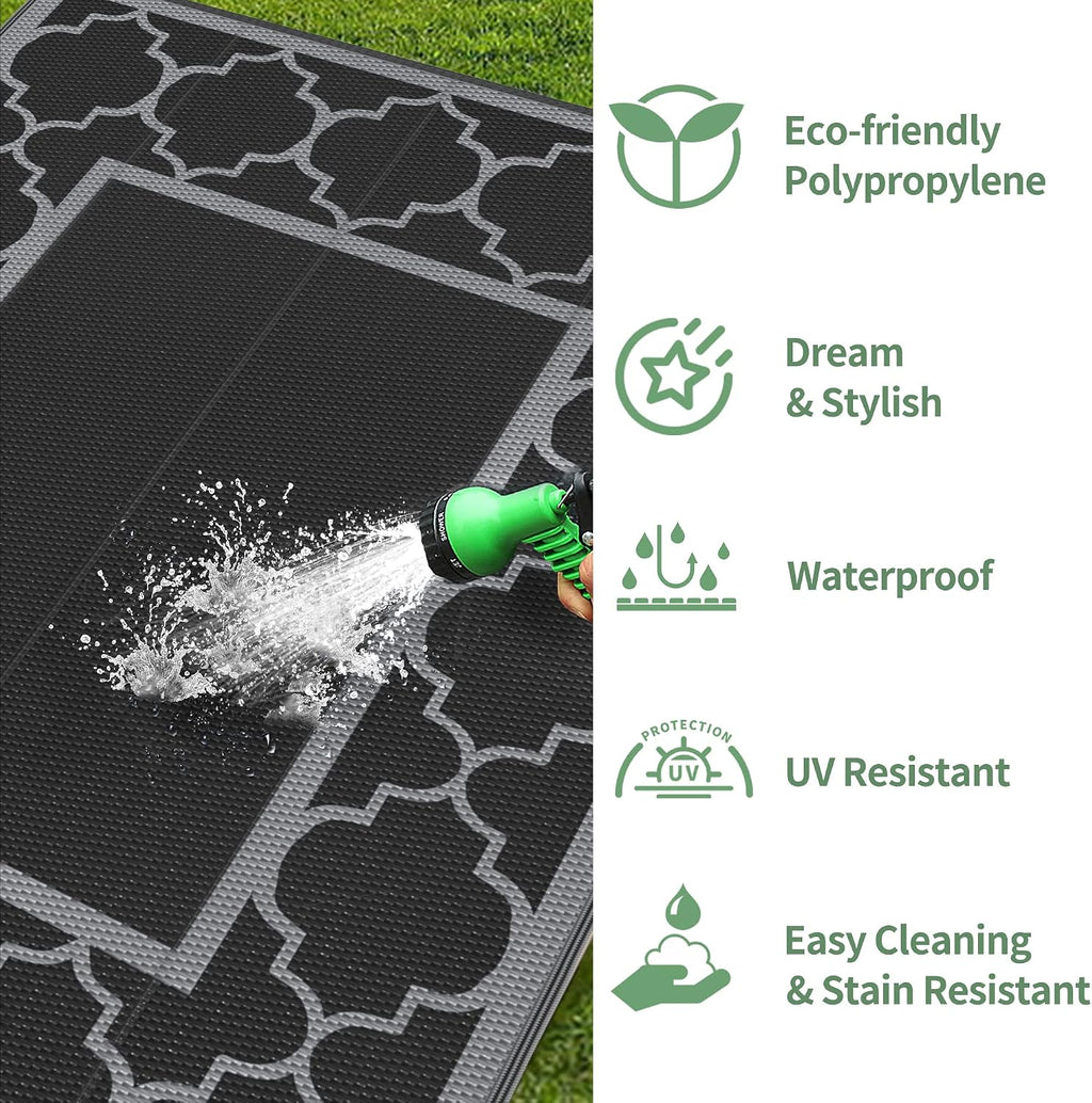 GENIMO Outdoor Rug, Waterproof Plastic Rugs for Patio, 6'x9' Black Gray