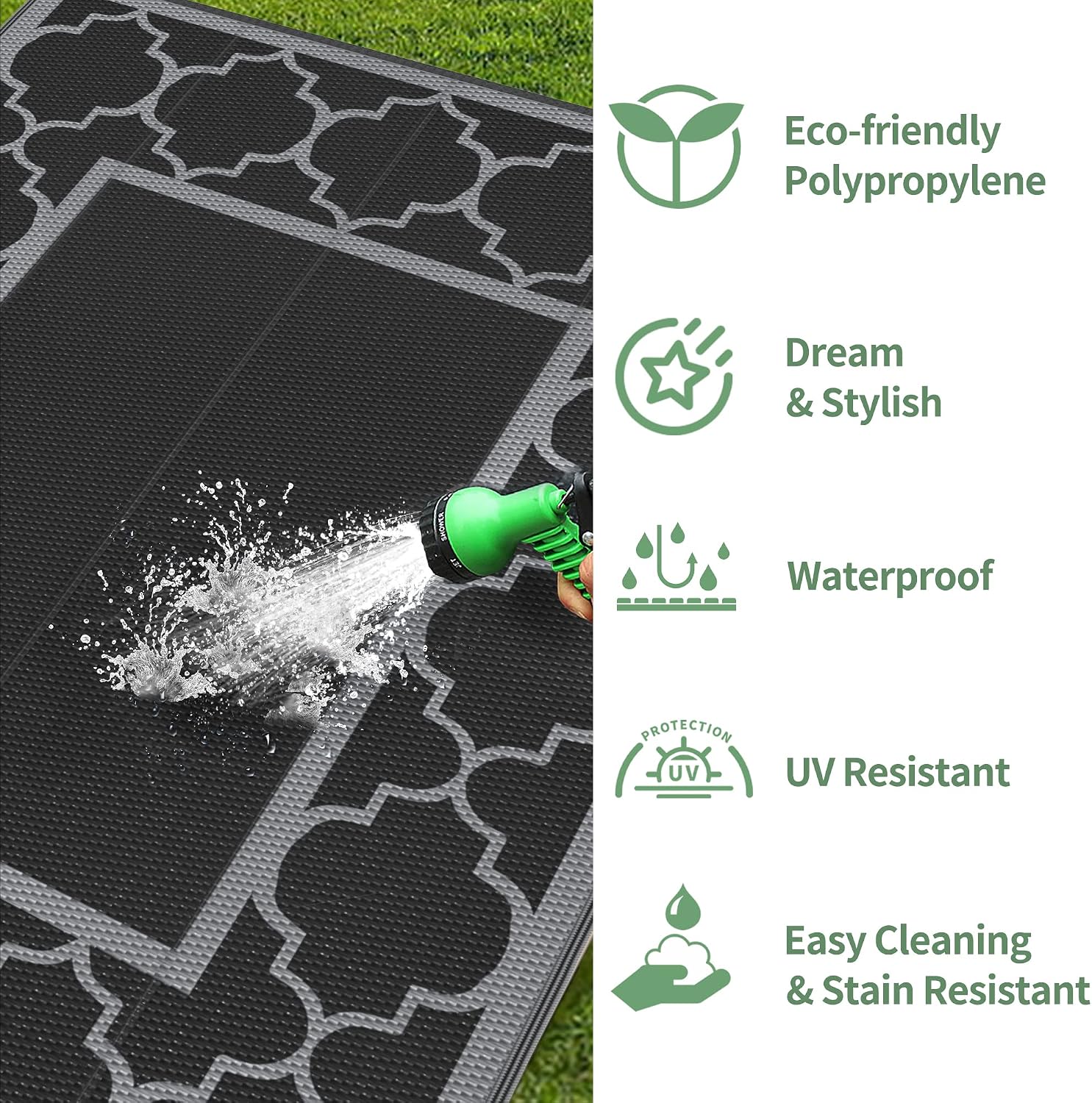 GENIMO Outdoor Rug, Waterproof Plastic Rugs for Patio, 6'x9' Black Gray
