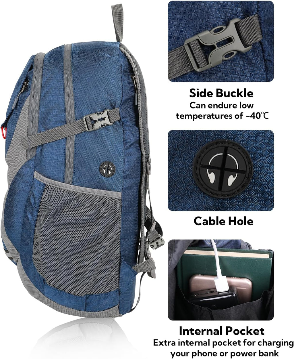 WATERFLY Lightweight Packable Hiking Backpack, 30L Day Pack Blue