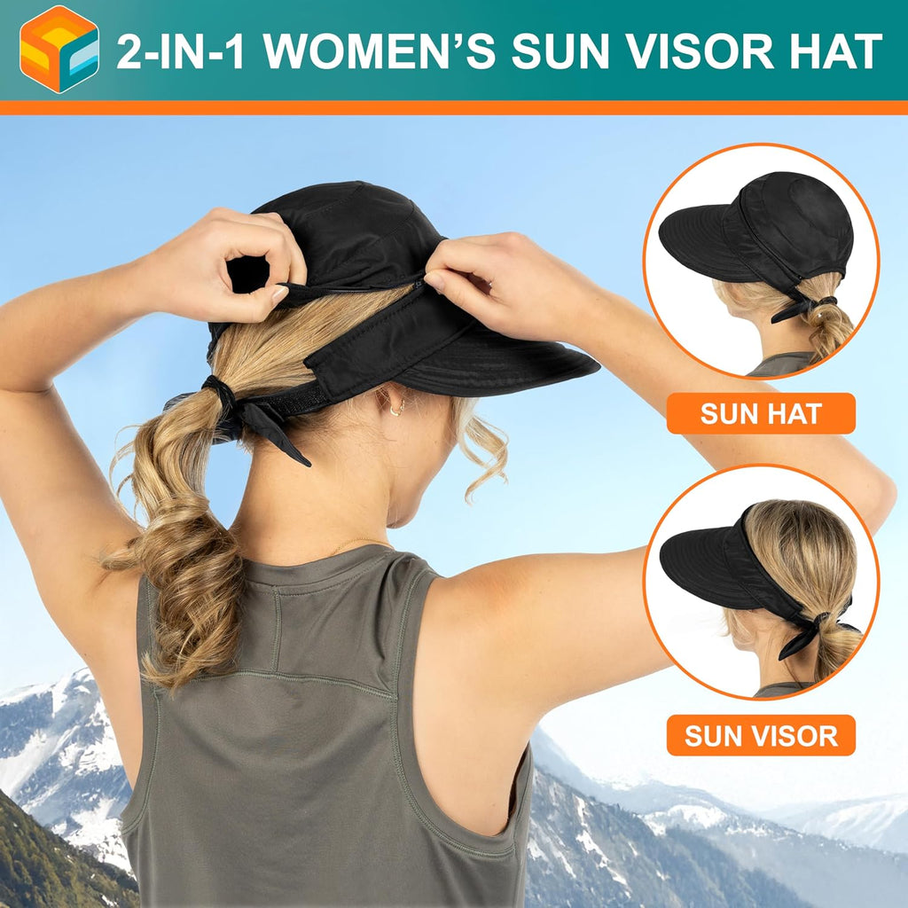 SUN CUBE Womens Sun Hat UV Protection Wide Brim Zip-Off Golf Visor
