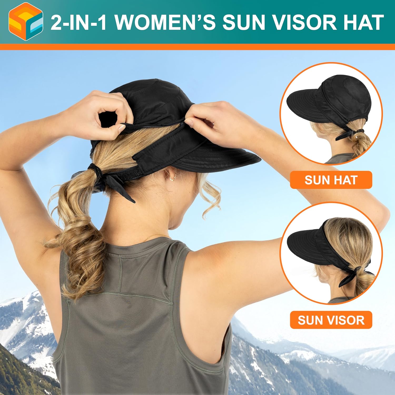 SUN CUBE Womens Sun Hat UV Protection Wide Brim Zip-Off Golf Visor