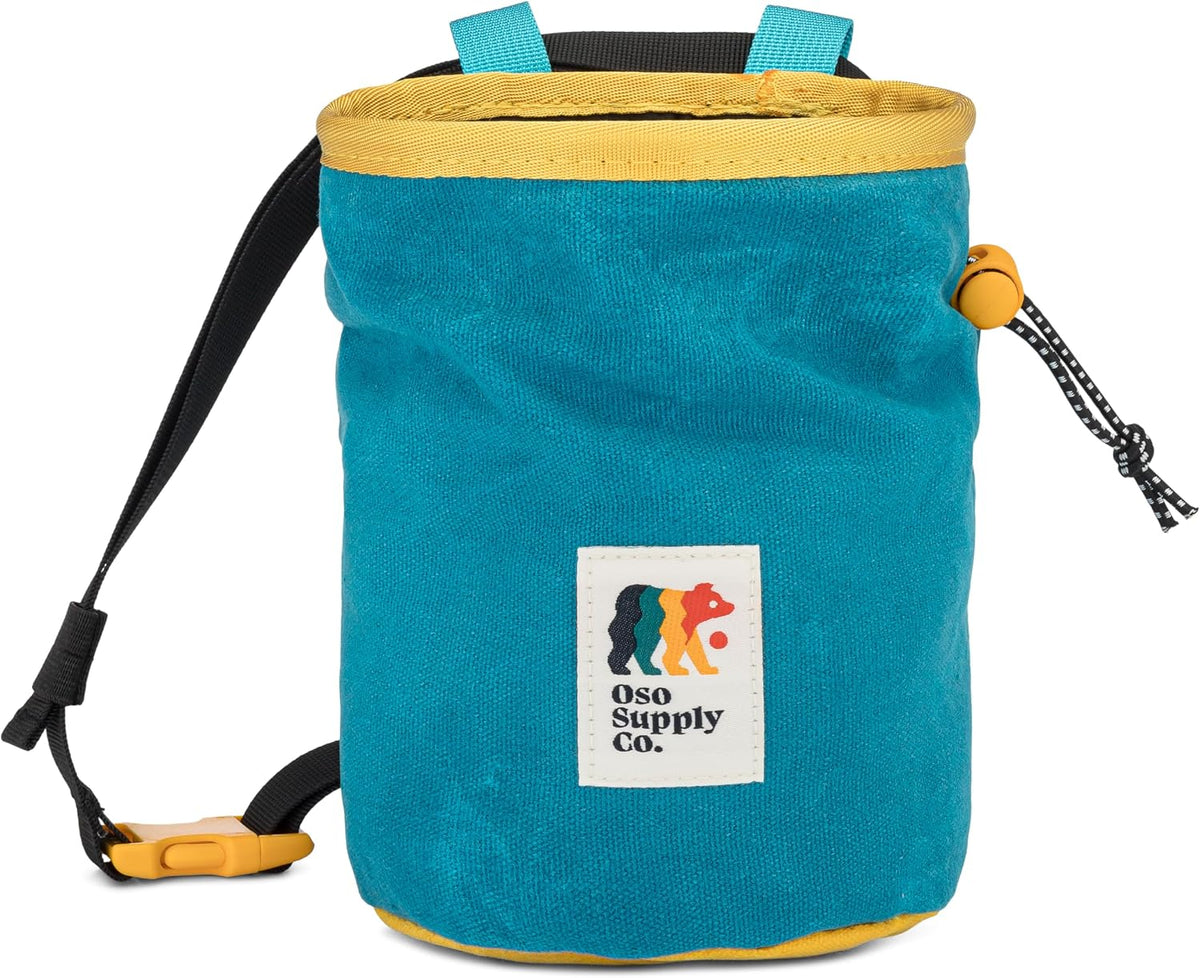 Oso Supply Co - Waxed Canvas Chalk Bag - Zipper Pocket & Mesh Pouch for Bouldering, Rock Climbing, Gym, Weightlifting – Water-Resistant, Adjustable Belt, Wide Opening