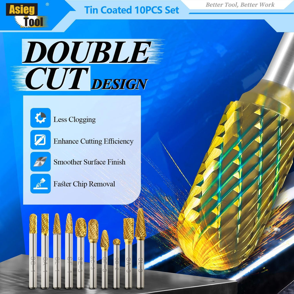 Carbide Burrs TiN Set with 1/4''Shank Double Cut Solid Power Tools Tungsten Carbide Rotary Files Bits for Die Grinder Metal Wood Carving Engraving Polishing Drilling Grinding Milling Cutting 10pcs