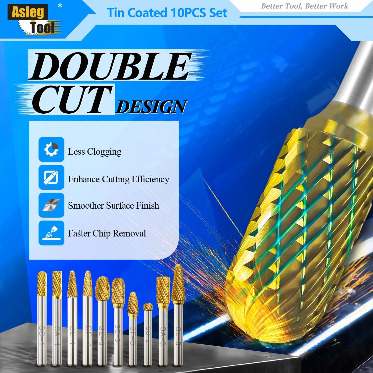 Carbide Burrs TiN Set with 1/4''Shank Double Cut Solid Power Tools Tungsten Carbide Rotary Files Bits for Die Grinder Metal Wood Carving Engraving Polishing Drilling Grinding Milling Cutting 10pcs