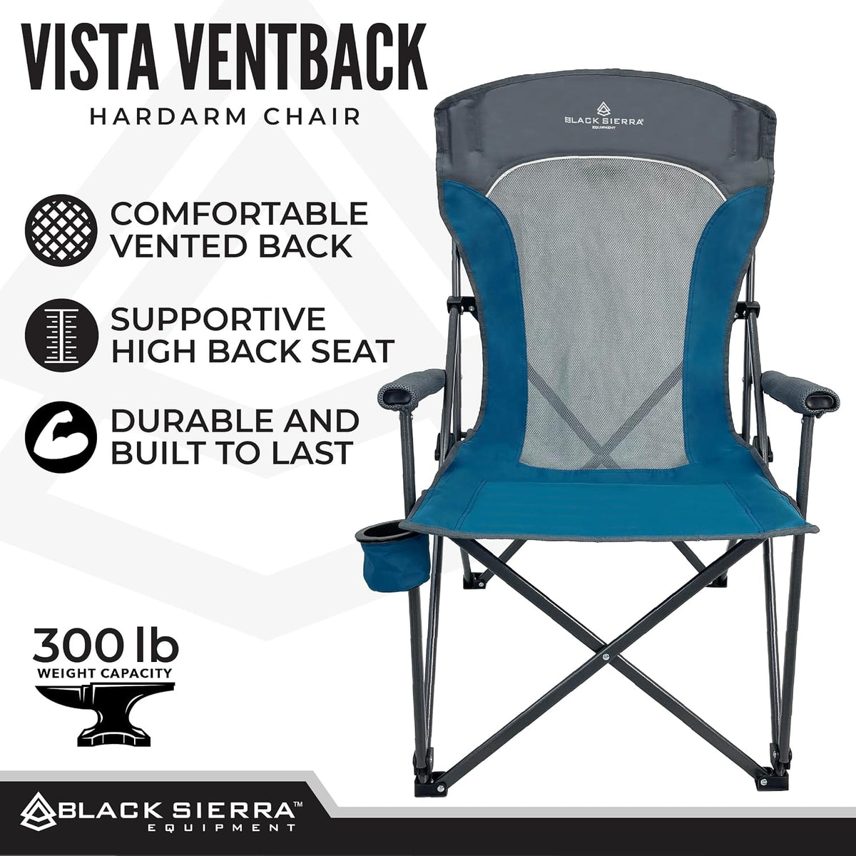 Black Sierra Ventilated Camping Chair, Breathable Mesh Back Folding Seat with Padded Armrests, Lightweight, Portable with Cup Holder & Carry Bag for Outdoors, Beach, Sports, Lawn, Picnic