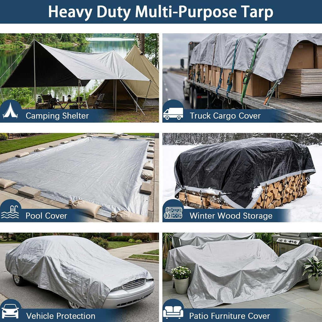 Artpuch Tarp 16x20FT, 12 Mil Heavy Duty Waterproof Poly Tarps with Grommets & Reinforced Edges, Multipurpose Protective Tarp Cover for Outdoor Camping, Tent, Car, Silver/Black
