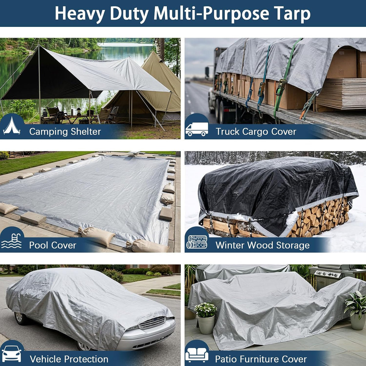 Artpuch Tarp 16x20FT, 12 Mil Heavy Duty Waterproof Poly Tarps with Grommets & Reinforced Edges, Multipurpose Protective Tarp Cover for Outdoor Camping, Tent, Car, Silver/Black